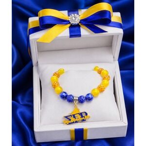 Sigma Gamma Rho SGRho Sorority Beaded Bracelet Blue Gold Charm Stretch Jewelry